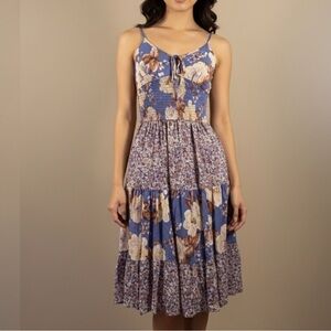 Chic Floral Midi Dress in Blue and Brown